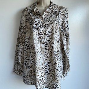CHICO'S No-Iron Ivory Brown Print Long Sleeve Blouse Size 2 = Size 12 ~EUC